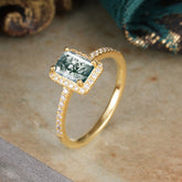 1 Carat Emerald Cut Classic Halo Moss Agate Wedding Ring with Pave Band